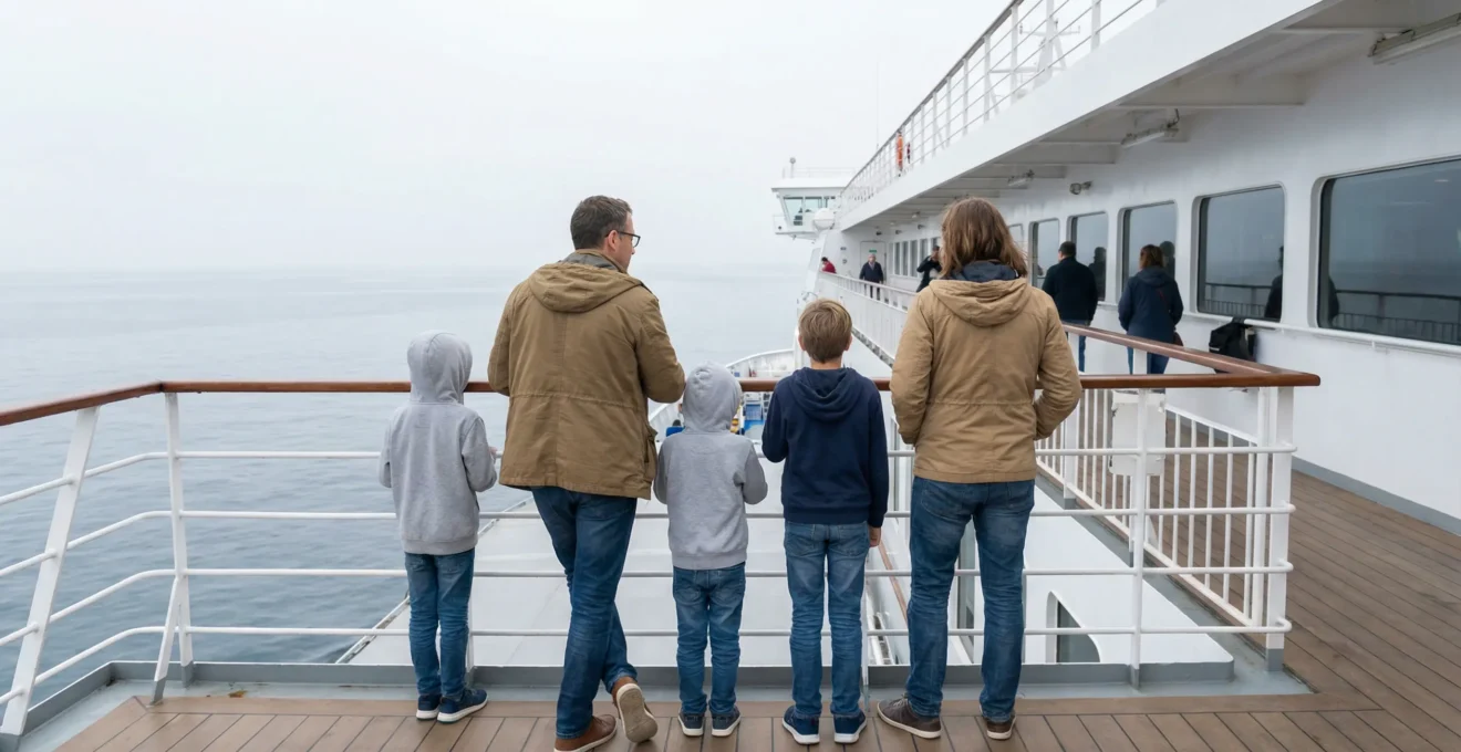 Famille européenne sur le pont d'un ferry moderne regardant la mer Méditerranée (traversée Corse)