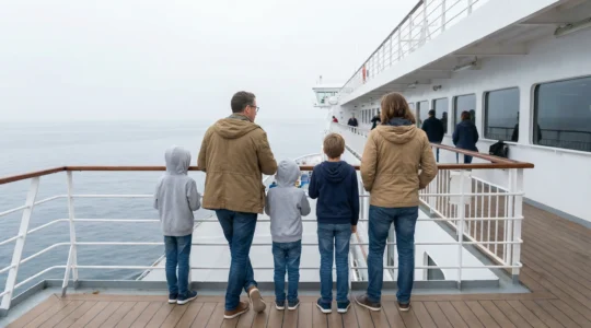 Famille européenne sur le pont d'un ferry moderne regardant la mer Méditerranée (traversée Corse)