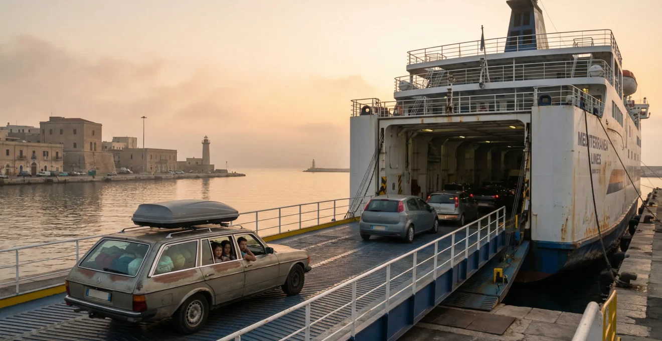 Véhicule familial avec bagages sur le toit entrant dans le garage d'un ferry vers la Corse (transport véhicule)